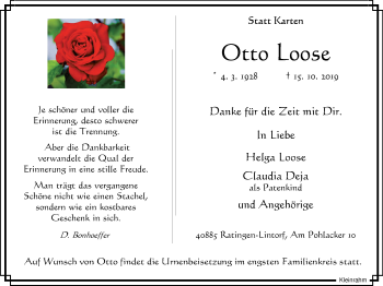 Traueranzeige von Otto Loose von WVW Anzeigenblätter