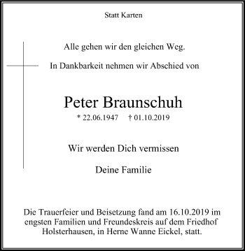 Traueranzeige von Peter Braunschuh von Wochenblatt Herne/Wanne-Eickel