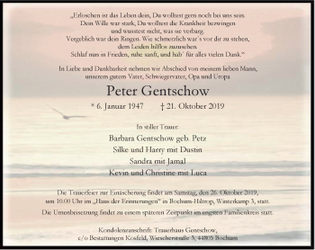 Traueranzeige von Peter Gentschow von Stadtspiegel Bochum
