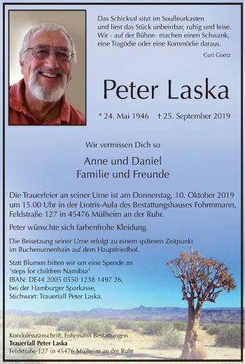 Traueranzeige von Peter Laska von Mülheimer Woche