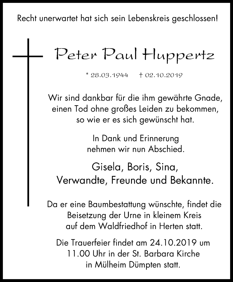  Traueranzeige für Peter Paul Huppertz vom 23.10.2019 aus Mülheimer Woche