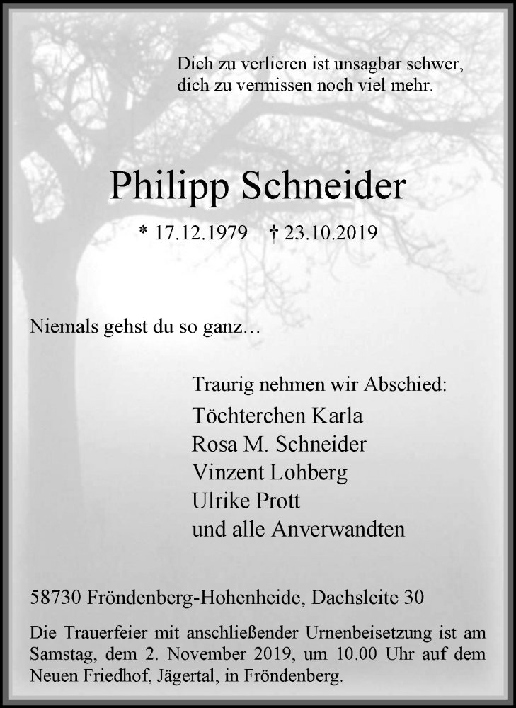  Traueranzeige für Philipp Schneider vom 30.10.2019 aus Stadtspiegel Kamen + Unna
