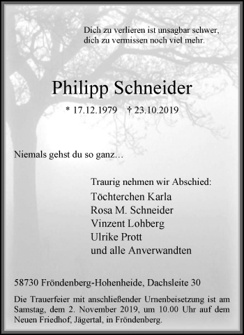 Traueranzeige von Philipp Schneider von Stadtspiegel Menden + Froendenberg