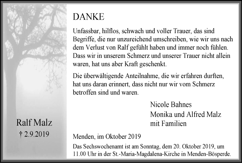  Traueranzeige für Ralf Malz vom 12.10.2019 aus Stadtspiegel Menden + Froendenberg