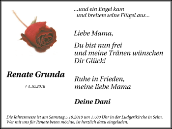 Traueranzeige von Renate Grunda von WVW Anzeigenblätter