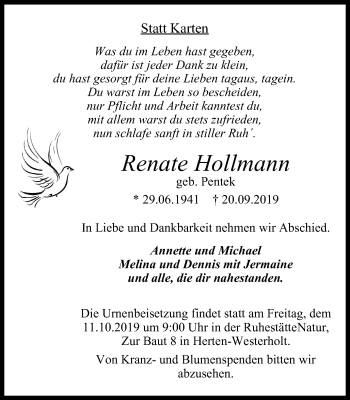 Traueranzeige von Renate Hollmann von Stadtspiegel Gelsenkirchen