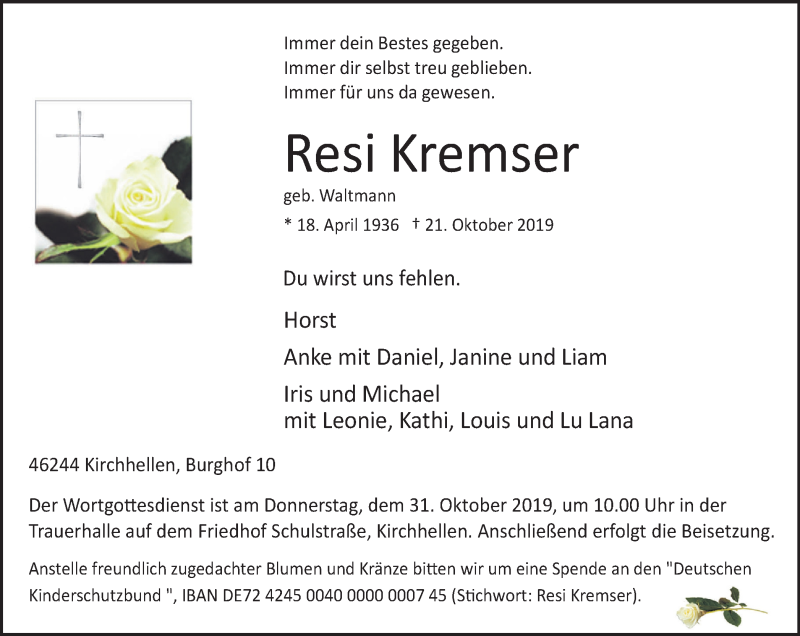  Traueranzeige für Resi Kremser vom 26.10.2019 aus Stadtspiegel Bottrop