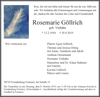 Traueranzeige von Rosemarie Göllrich von Stadtspiegel Menden + Froendenberg