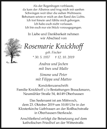 Traueranzeige von Rosemarie Knickhoff von Wochen-Anzeiger Oberhausen