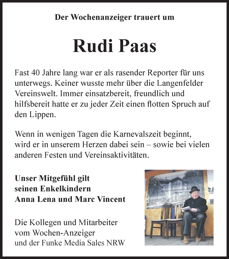  Traueranzeige für Rudi Paas vom 26.10.2019 aus Wochen-Anzeiger Langenfeld/Monheim/Hilden