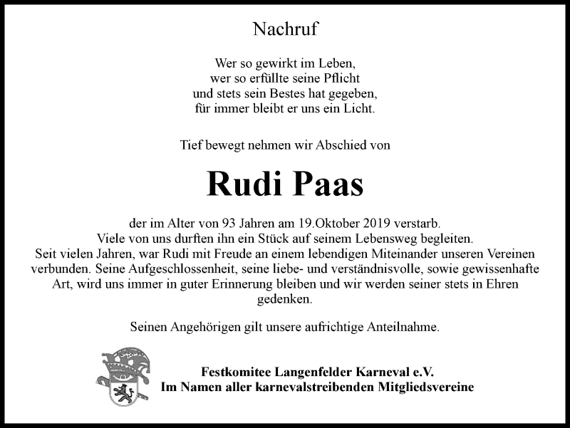 Traueranzeige für Rudi Paas vom 26.10.2019 aus Wochen-Anzeiger Langenfeld/Monheim/Hilden
