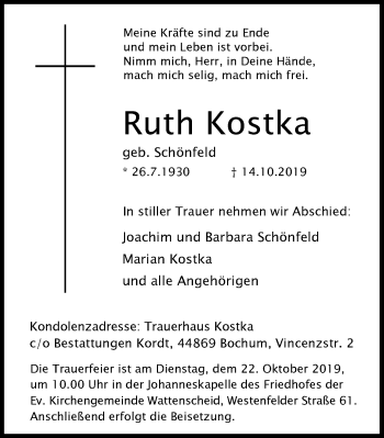Traueranzeige von Ruth Kostka von Stadtspiegel Wattenscheid