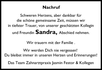Traueranzeige von Sandra  von Stadtspiegel Iserlohn + Hemer