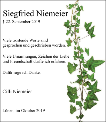 Traueranzeige von Siegfried Niemeier von Lüner Anzeiger