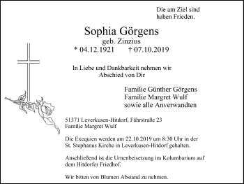 Traueranzeige von Sophia Görgens von Wochen-Anzeiger Langenfeld/Monheim/Hilden