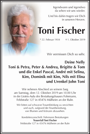 Traueranzeige von Toni Fischer von Wochen-Anzeiger Oberhausen