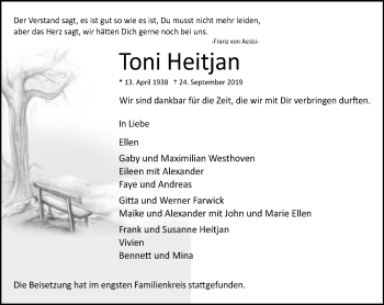 Traueranzeige von Toni Heitjan von Stadtspiegel Haltern + Dorsten