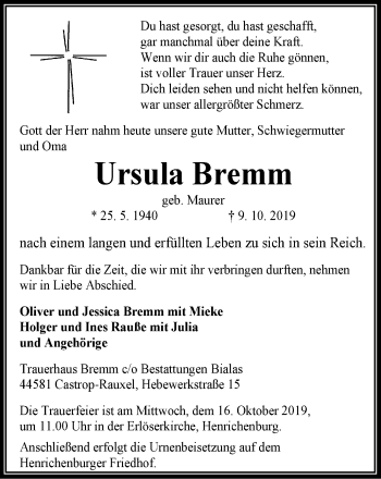 Traueranzeige von Ursula Bremm von Stadtanz.Castrop-Rauxel