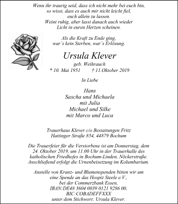 Traueranzeige von Ursula Klever von Stadtspiegel Bochum + Wattenscheid