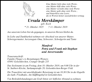 Traueranzeige von Ursula Merskämper von Stadtspiegel Gelsenkirchen