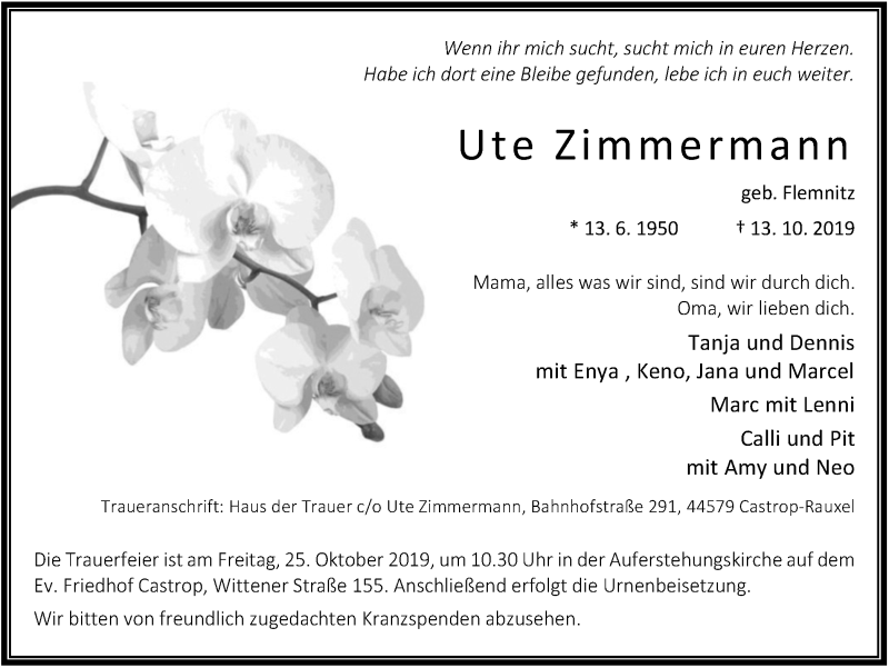  Traueranzeige für Ute Zimmermann vom 19.10.2019 aus Stadtanz.Castrop-Rauxel