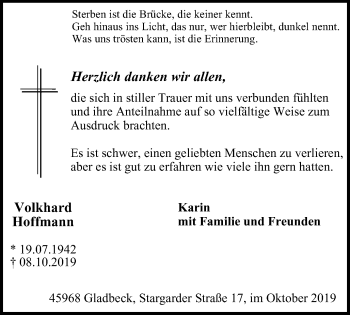 Traueranzeige von Volkhard Hoffmann von Stadtspiegel Gladbeck
