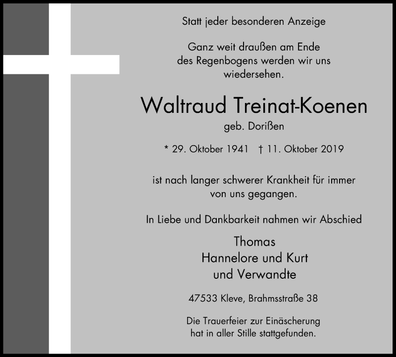  Traueranzeige für Waltraud Treinat-Koenen vom 19.10.2019 aus Klever Wochenblatt