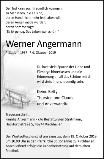 Traueranzeige von Werner Angermann von Stadtspiegel Bottrop