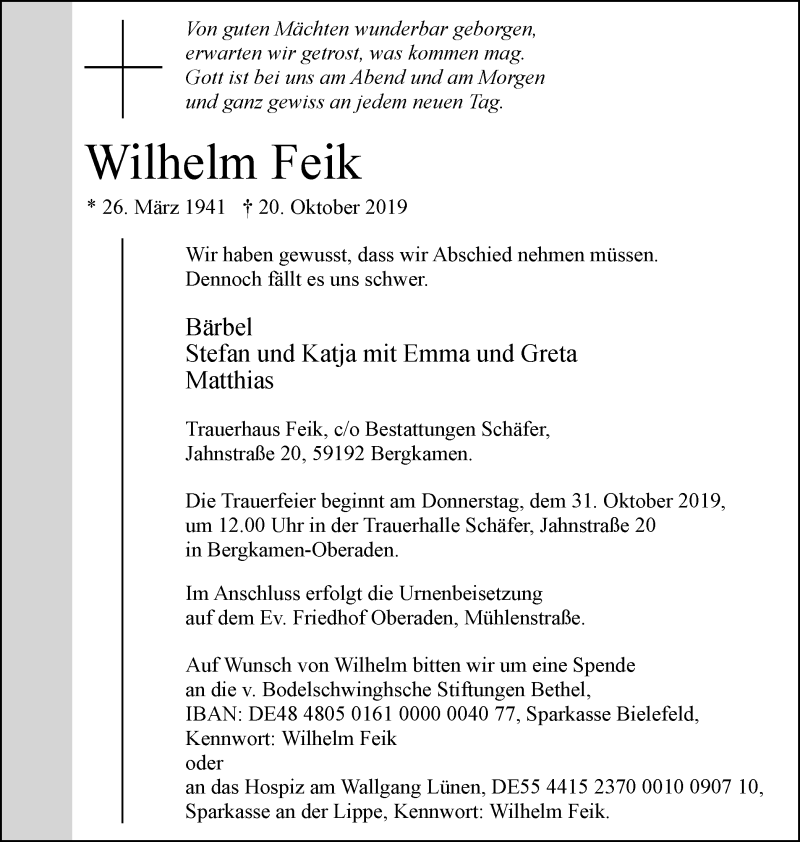  Traueranzeige für Wilhelm Feik vom 26.10.2019 aus Lüner Anzeiger