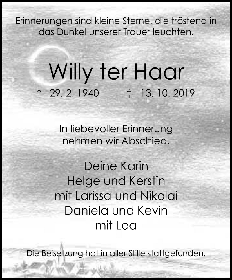  Traueranzeige für Willy ter Haar vom 26.10.2019 aus Stadtspiegel Gladbeck
