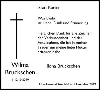Traueranzeige von Wilma Bruckschen von Der Weseler + Der Xantener
