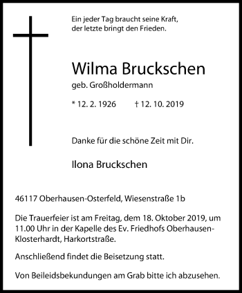 Traueranzeige von Wilma Bruckschen von Der Weseler + Der Xantener