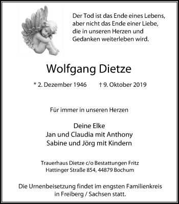 Traueranzeige von Wolfgang Dietze von Stadtspiegel Bochum