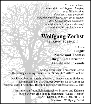 Traueranzeige von Wolfgang Zerbst von Stadtspiegel Bochum
