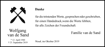 Traueranzeige von Wolfgang van de Sand von Der Weseler + Der Xantener