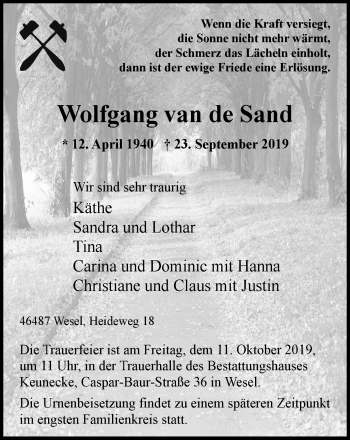 Traueranzeige von Wolfgang van de Sand von Der Weseler + Der Xantener