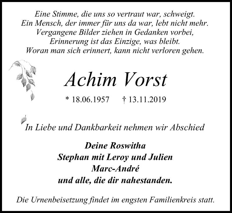  Traueranzeige für Achim Vorst vom 20.11.2019 aus Stadtspiegel Bottrop