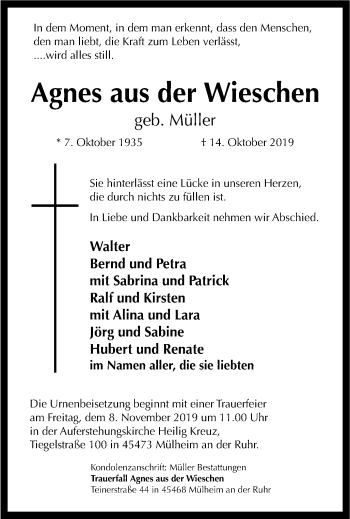 Traueranzeige von Agnes aus der Wieschen von Mülheimer Woche
