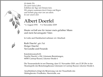 Traueranzeige von Albert Doerfel von Stadtanz.Castrop-Rauxel