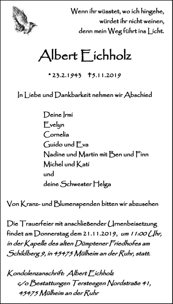 Traueranzeige von Albert Eichholz von Mülheimer Woche