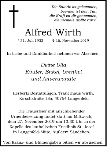 Traueranzeige von Alfred Wirth von Wochen-Anzeiger Langenfeld/Monheim/Hilden