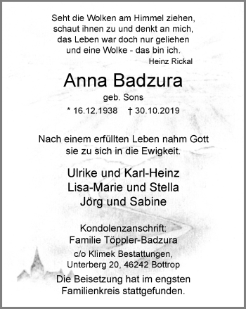 Traueranzeige von Anna Badzura von Stadtspiegel Bottrop
