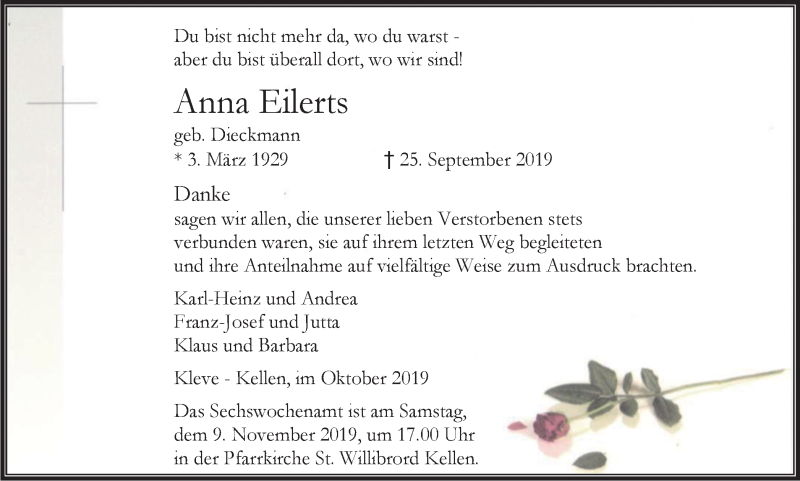  Traueranzeige für Anna Eilerts vom 02.11.2019 aus Klever Wochenblatt