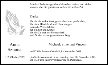 Traueranzeige von Anna Szrama von Wochen-Anzeiger Oberhausen