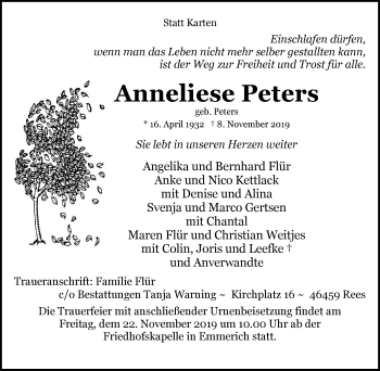Traueranzeige von Anneliese Peters von Stadtanzeiger Emmerich/Rees/Isselburg