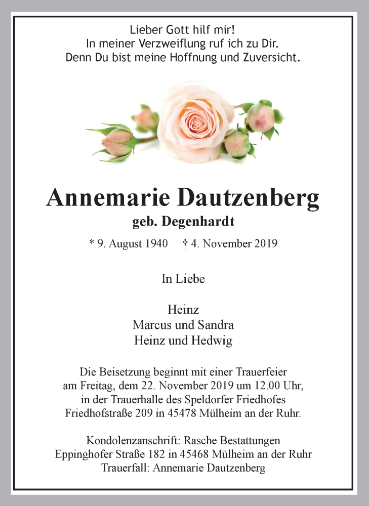  Traueranzeige für Annemarie Dautzenberg vom 16.11.2019 aus Mülheimer Woche