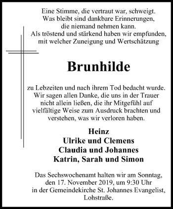 Traueranzeige von Brunhilde  von Wochen-Anzeiger Oberhausen