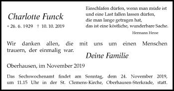 Traueranzeige von Charlotte Funck von Wochen-Anzeiger Oberhausen