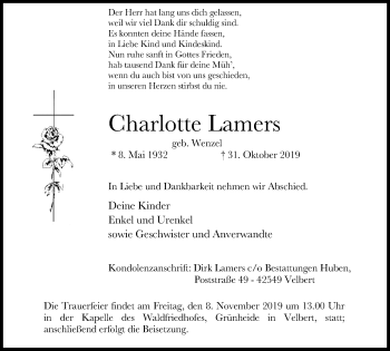 Traueranzeige von Charlotte Lamers von Stadtanzeiger Velbert + Heiligenhaus
