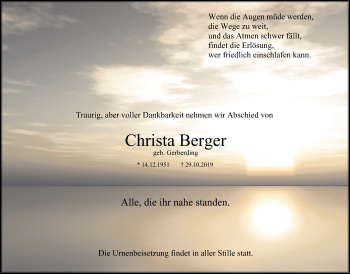 Traueranzeige von Christa Berger von Stadtanzeiger Velbert + Heiligenhaus